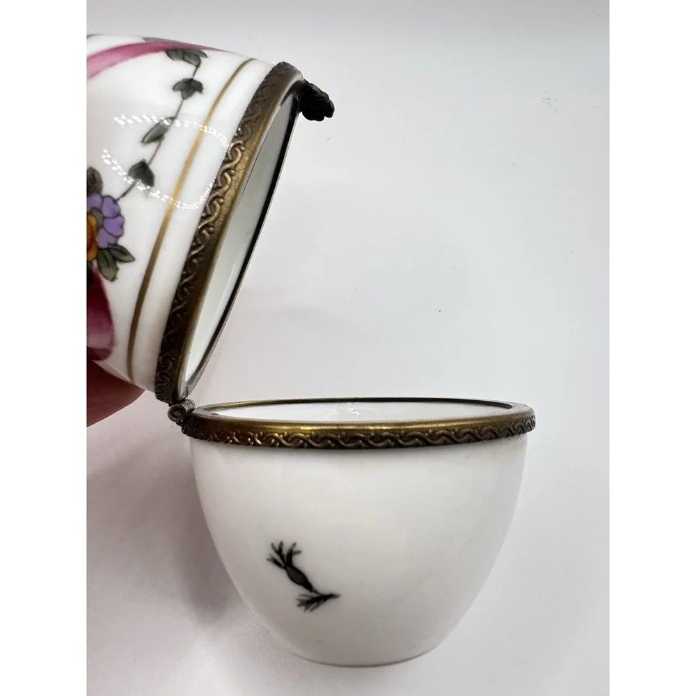 Meissen Style Egg Trinket Box Floral Porcelain Hinged Brass Mount 3